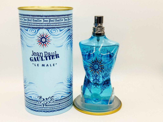 Jean Paul Gaultier Le Male Summer Cologne in a blue bottle with decorative packaging