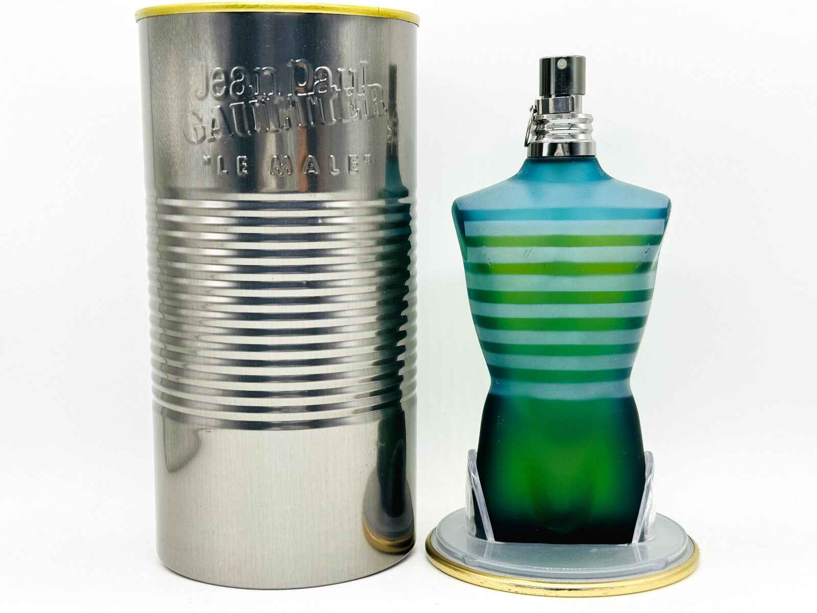 Vintage Jean Paul Gaultier Le Male profumo in flacone a forma di torso con astuccio metallico distintivo