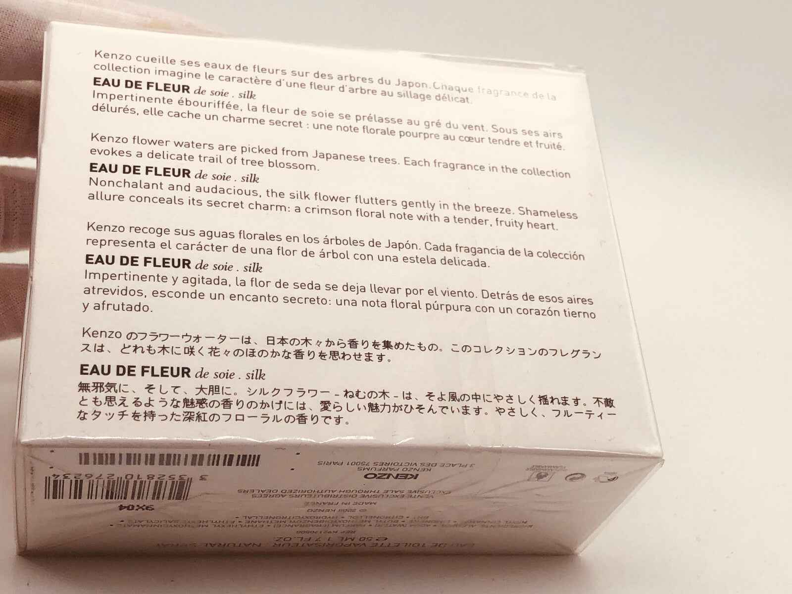 Scatola del Profumo Kenzo Fleur Soie con dettagli sulla fragranza floreale e ingredienti naturali