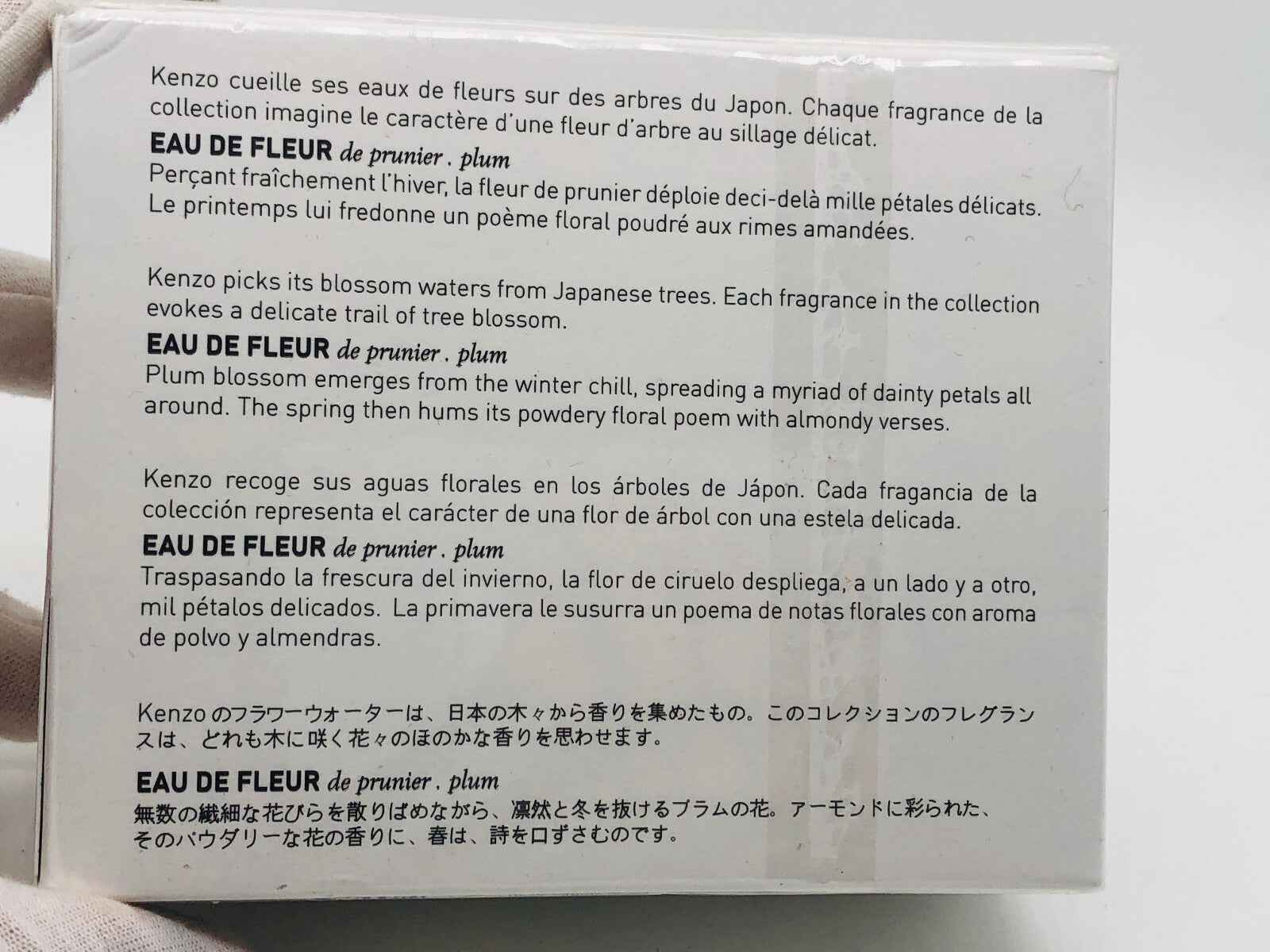 Scatola di Profumo Kenzo Vintage con descrizione della fragranza Eau de Fleur di pruno