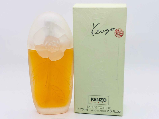 Profumo vintage Kenzo in bottiglia con design floreale da 75 ml, confezione verde elegante