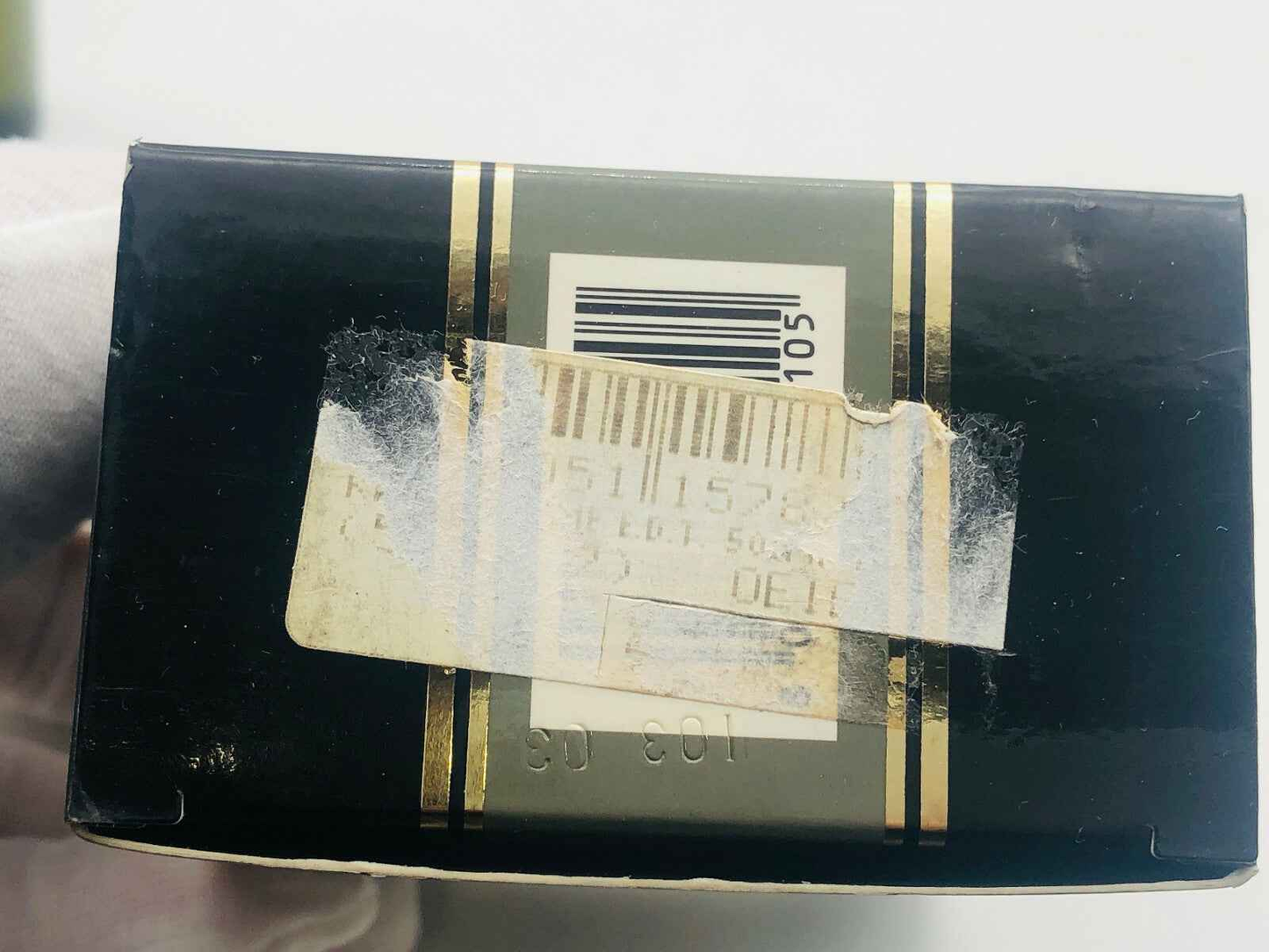 Scatola vintage nera con dettagli dorati del Profumo Krizia Uomo Vintage