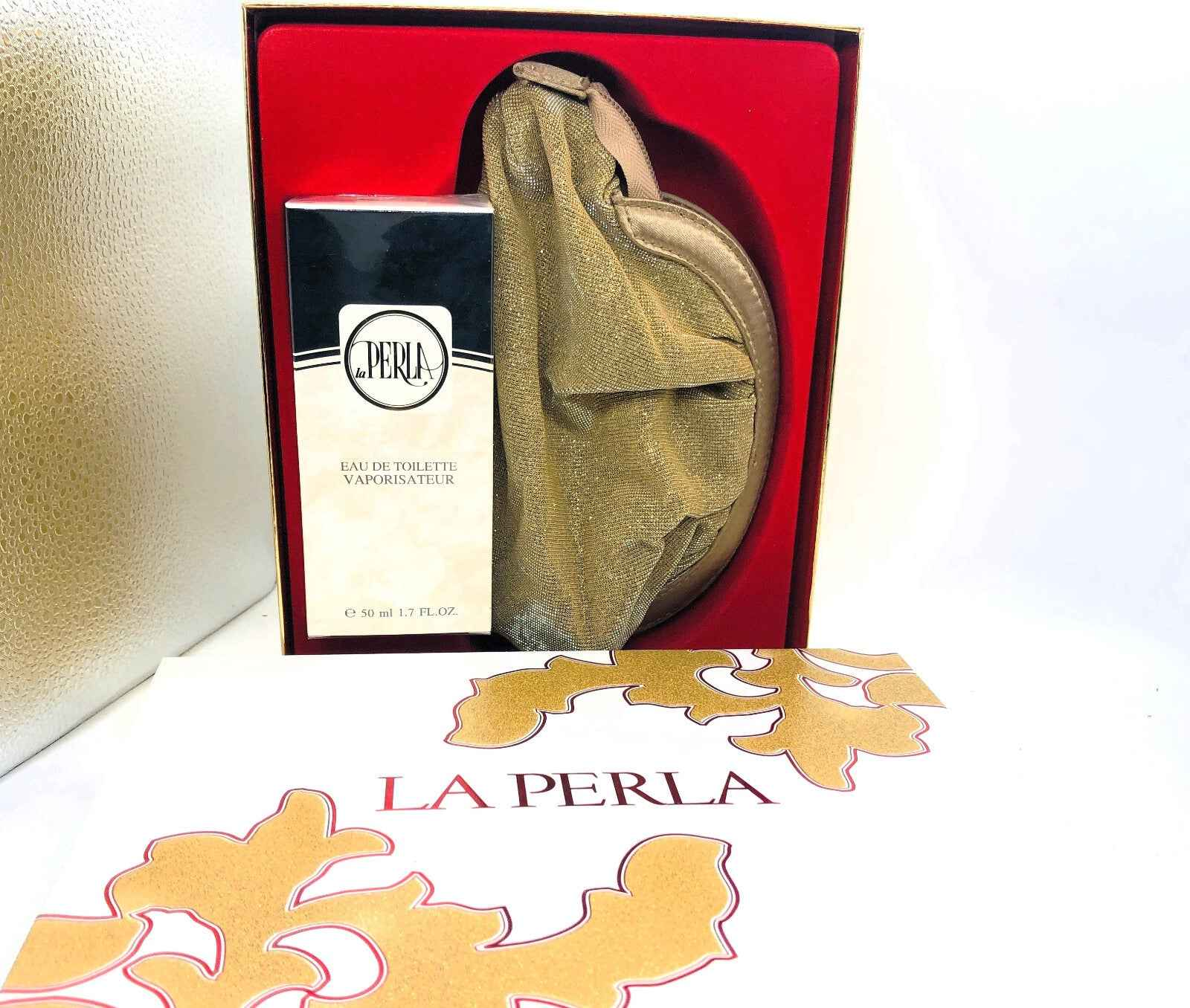 Confezione regalo di profumo Vintage La Perla in scatola elegante con borsetta dorata