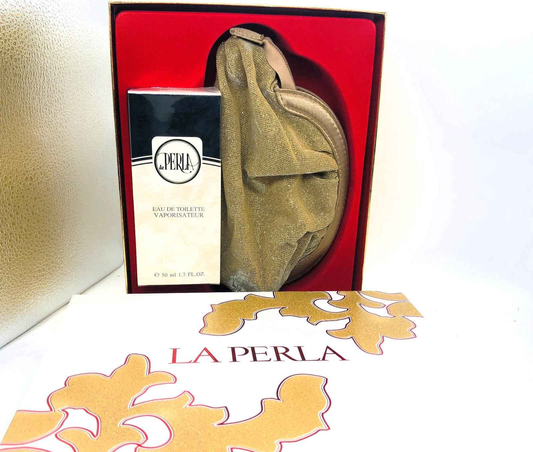 Confezione regalo di profumo Vintage La Perla in scatola elegante con borsetta dorata