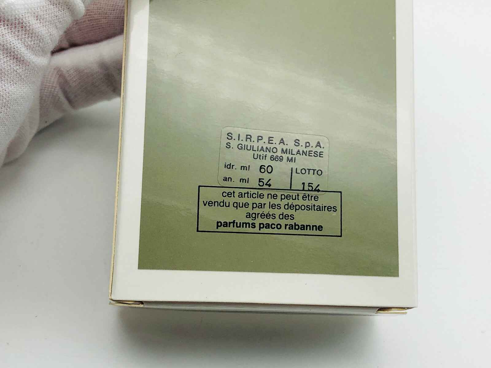 Confezione di Profumo Paco Rabanne Vintage con etichetta identificativa sul retro