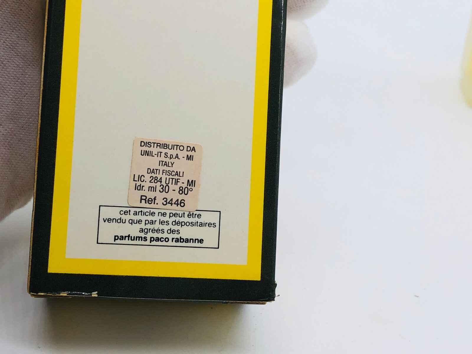 Scatola del Profumo Sport De Paco Rabanne con etichetta informativa e codice di riferimento