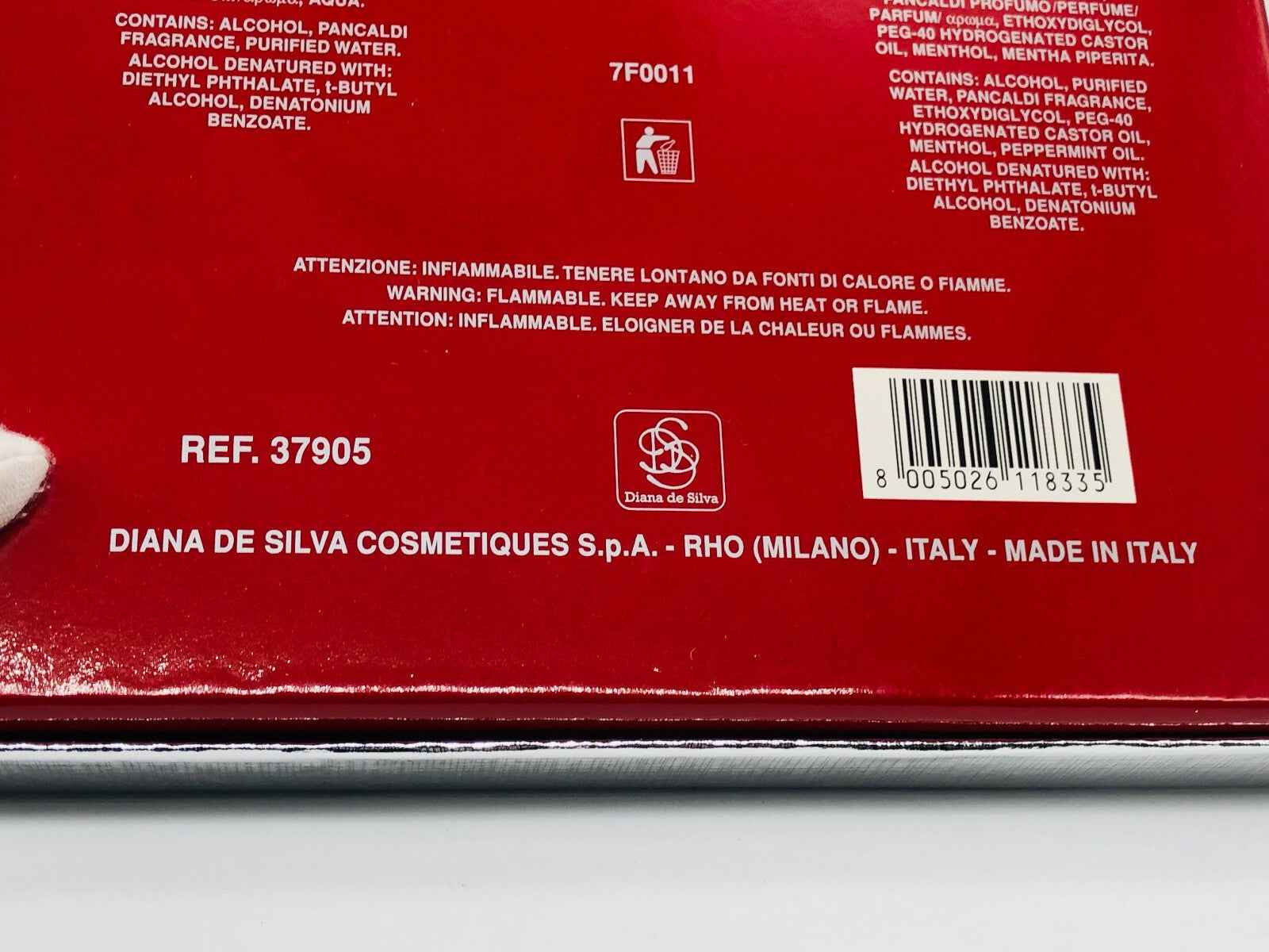 Scatola di Profumo Pancaldi Vintage con informazioni sugli ingredienti e avvertenze per la sicurezza