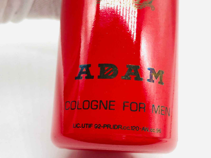 Flacone di profumo Adam Cologne Vintage in rosso con etichetta nera per uomini