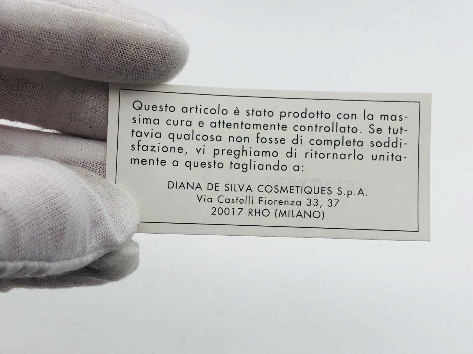 Etichetta del Profumo Allegri Donna Vintage di DIANA DE SILVA con istruzioni di produzione e reso