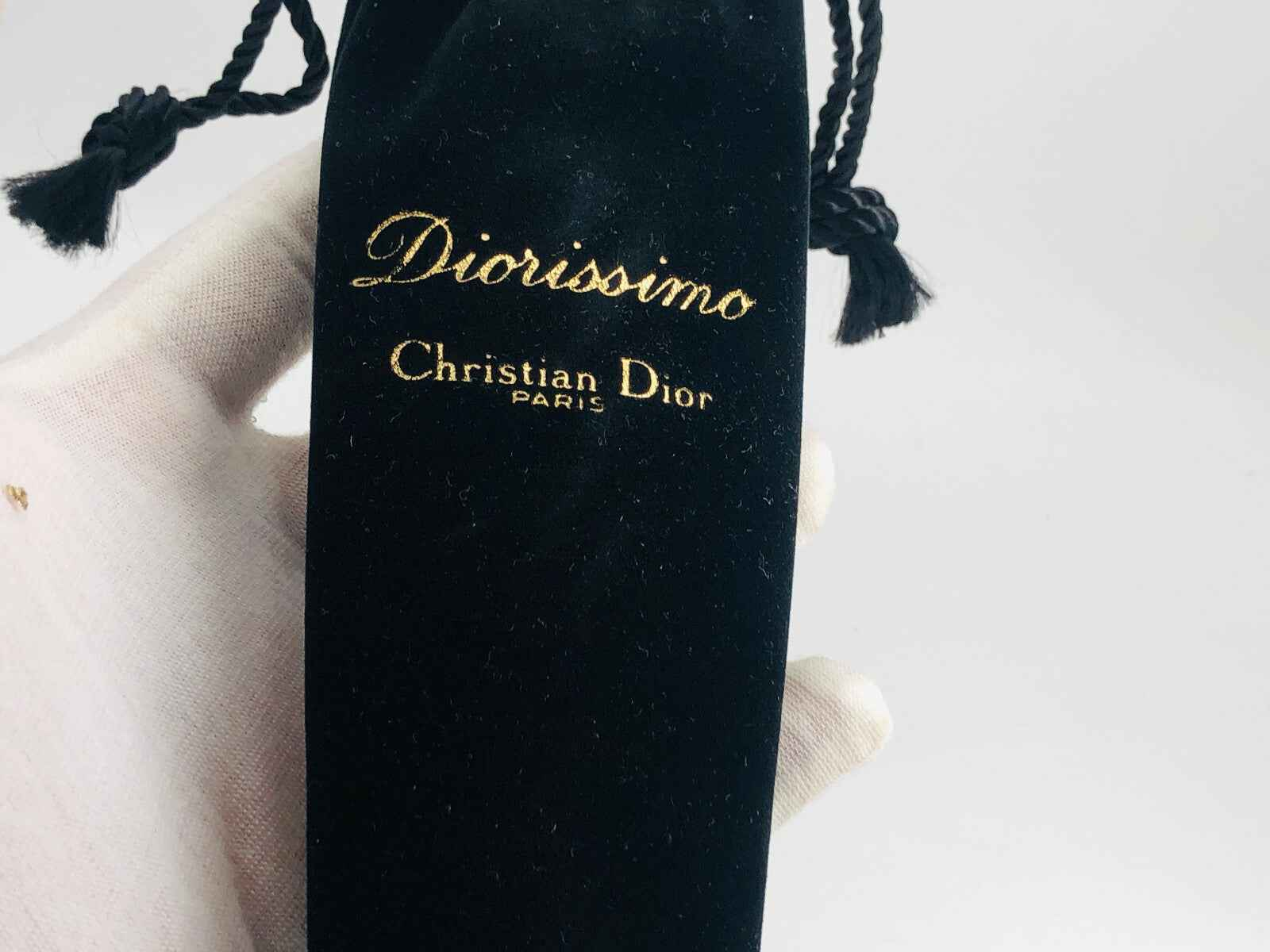 Sacchetto di velluto nero con scritta dorata Diorissimo Christian Dior Paris per profumo Dior Diorissimo Vintage