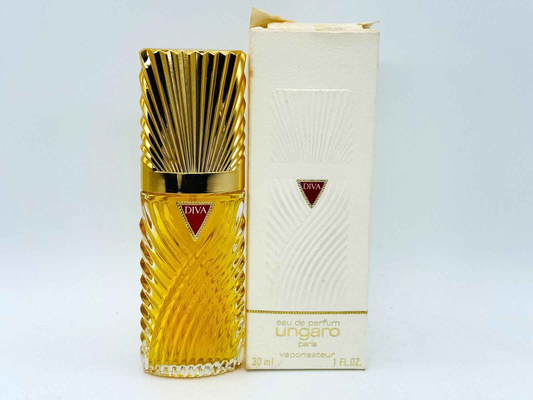 Flacone di profumo Diva Ungaro Vintage in vetro con confezione elegante, 30 ml di eau de parfum