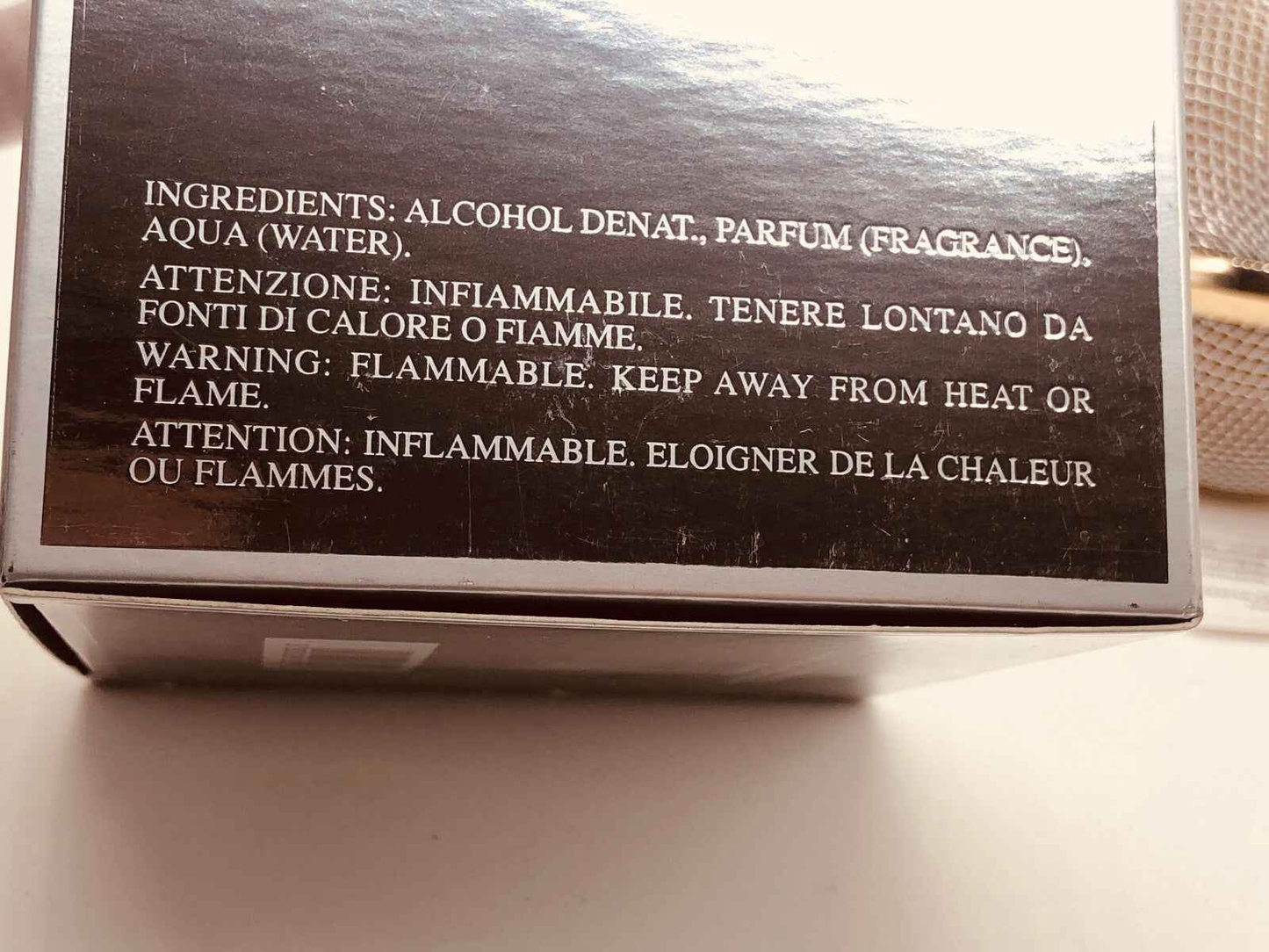 Scatola di profumo Ferre Vintage con ingredienti e avvertenze sulla sicurezza.