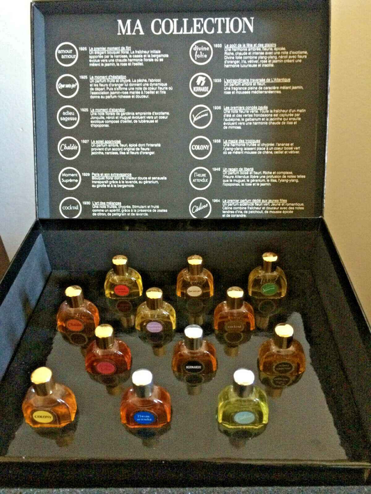 Scatola dei profumi Jean Patou con diverse fragranze in bottiglie eleganti e colorate