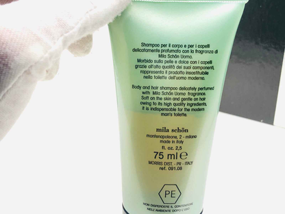 Shampoo corpo e capelli profumato con fragranza di Profumo Mila Schon Uomo in formato da 75 ml