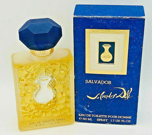 Profumo Salvador Dali in flacone dorato con tappo blu e scatola azzurra per uomo