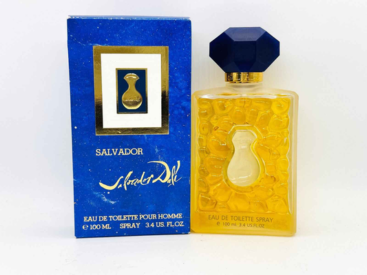 Profumo Salvador Dali Vintage in flacone di vetro giallo con scatola blu elegante per uomo