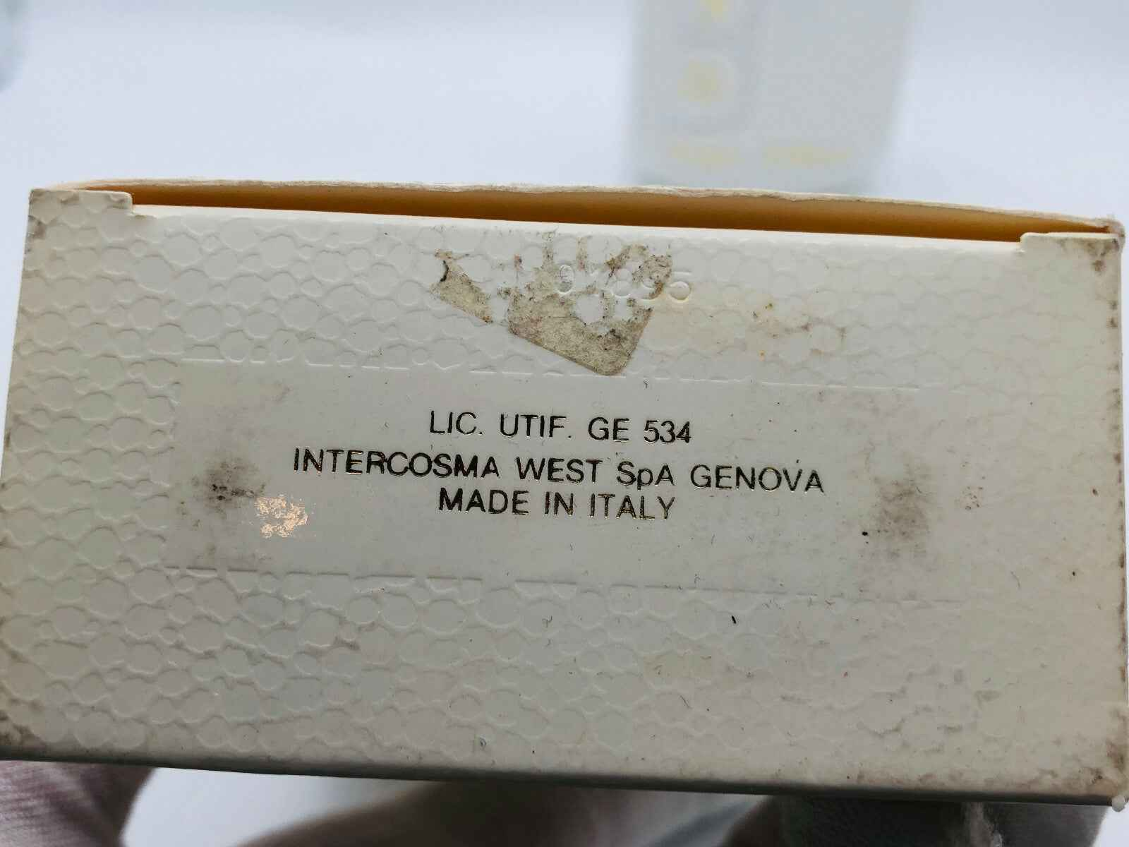 Scatola del profumo Sergio Soldano con etichetta di origine italiana, prodotta da Intercosma West Spa