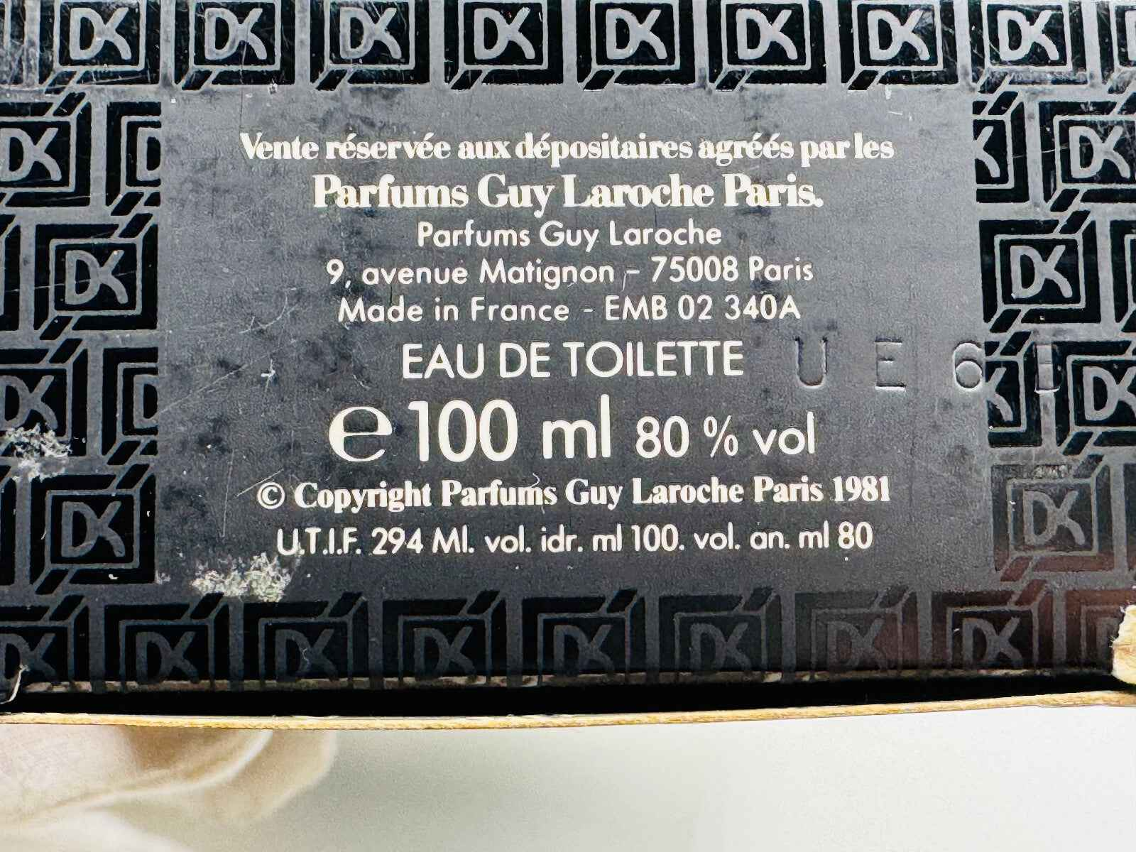 Scatola del profumo vintage Drakkar Noir di Guy Laroche con dettagli sulla composizione e volume