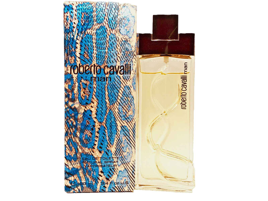 Profumo Roberto Cavalli Man con bottiglia elegante e scatola decorata in stile rettile