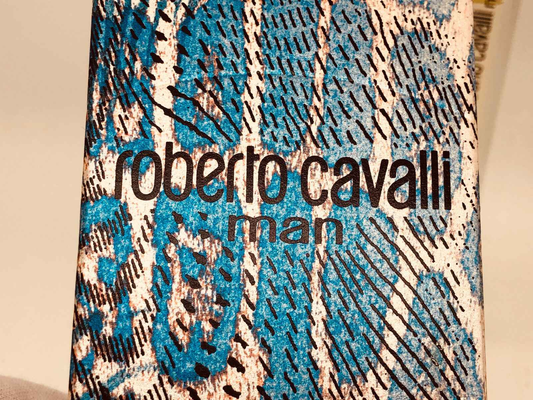 Scatola del profumo Roberto Cavalli Man con design rettile blu e marrone