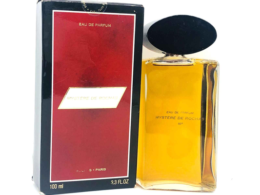 Profumo Rochas Mystere Vintage in bottiglia da 100 ml con confezione rossa ed elegante tappo nero