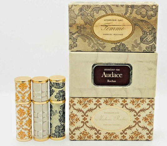 Set di flaconi di Rochas Parfum Extrait Vintage in eleganti confezioni con design vintage