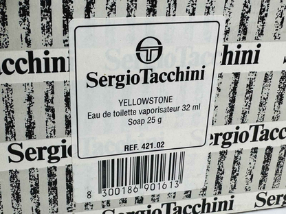 Etichetta del profumo Sergio Tacchini Uomo con dettagli su Eau de Toilette e sapone