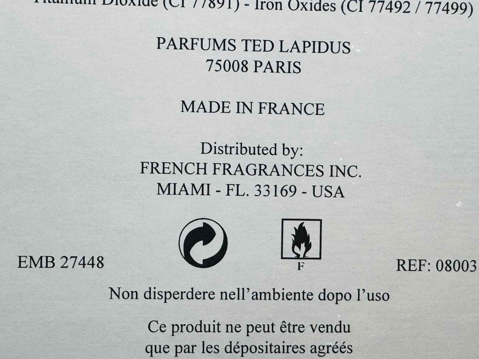 Etichetta di Ted Lapidus Pour Homme con dettagli sul prodotto e distribuzione in Francia