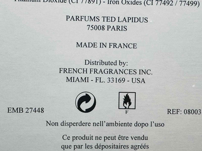 Etichetta di Ted Lapidus Pour Homme con dettagli sul prodotto e distribuzione in Francia