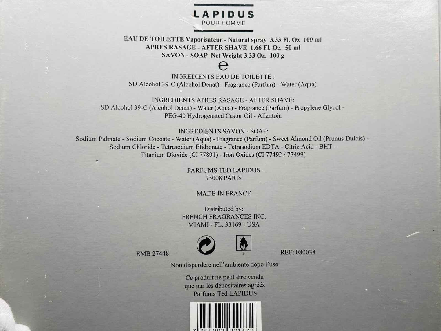 Ted Lapidus Pour Homme Eau de Toilette in 100ml Spray Bottle with Ingredients List on Back