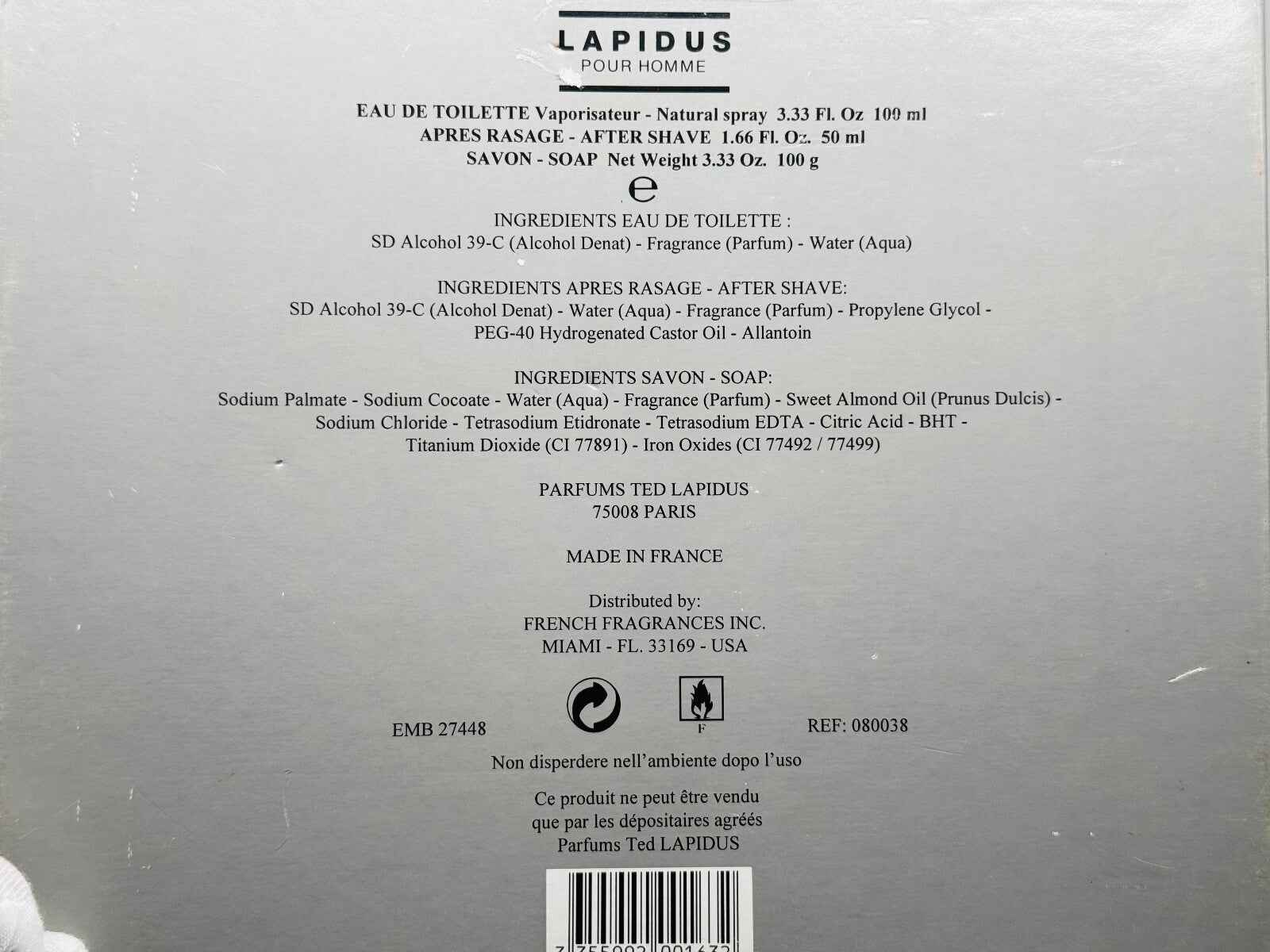 Ted Lapidus Pour Homme Eau de Toilette in 100ml Spray Bottle with Ingredients List on Back