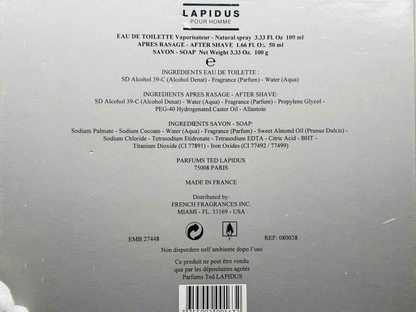 Ted Lapidus Pour Homme Eau de Toilette in 100ml Spray Bottle with Ingredients List on Back