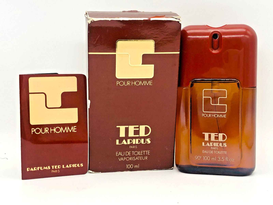 Flacone di Ted Lapidus Pour Homme Vintage con confezione originale da 100 ml in un elegante design marrone
