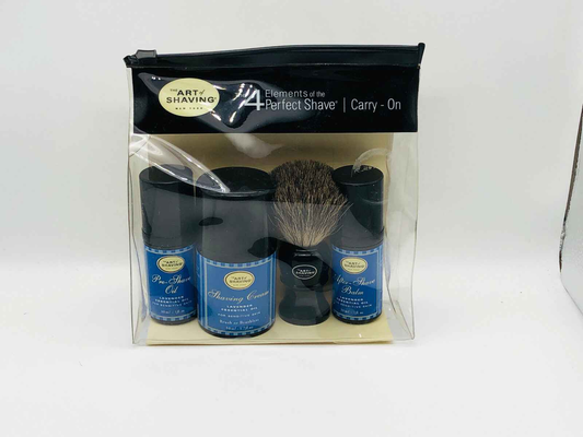 The 4 Elements Art Of Shaving kit con olio pre-barba, crema da barba e pennello in un sacchetto trasparente