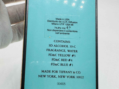 Retro della scatola del profumo Tiffany For Men Vintage con dettagli sulla composizione e produzione