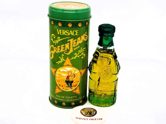 Set di profumo Versace Green Jeans con flacone verde e astuccio decorato in stile vintage