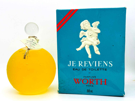 Profumo Je Reviens Vintage di Worth in flacone giallo con confezione blu elegante