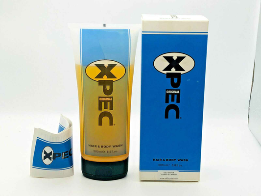 Xpec Hair Body Wash in a 200ml tube with a blue and white design for clean hair and skin