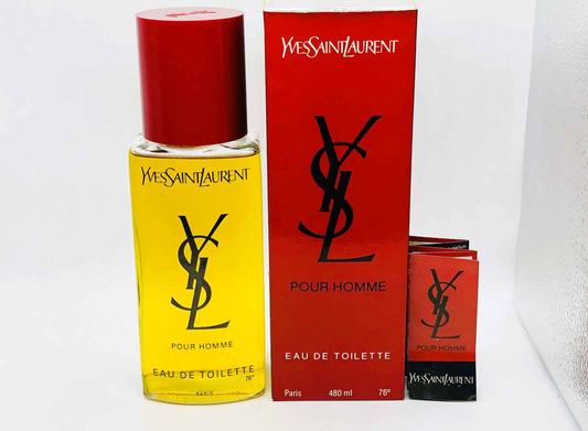 YSL Pour Homme Vintage Eau de Toilette in 480 ml with branded packaging and mini sample